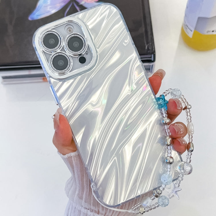 For iPhone 16 Pro Max Plating Glitter Texture Chain Wristband TPU Phone Case with Lens Film(White Water Ripples) - iPhone 16 Pro Max Cases by buy2fix | Online Shopping UK | buy2fix