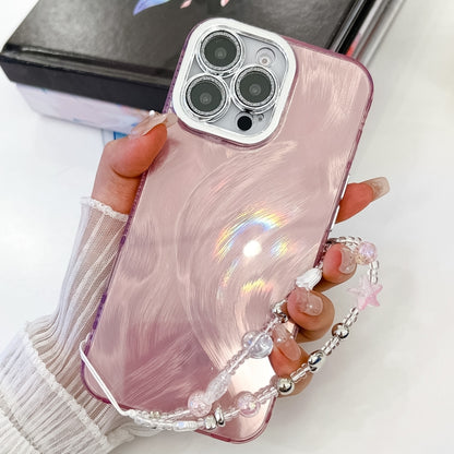 For iPhone 16 Pro Max Plating Glitter Texture Chain Wristband TPU Phone Case with Lens Film(Pink Feather Yarn) - iPhone 16 Pro Max Cases by buy2fix | Online Shopping UK | buy2fix