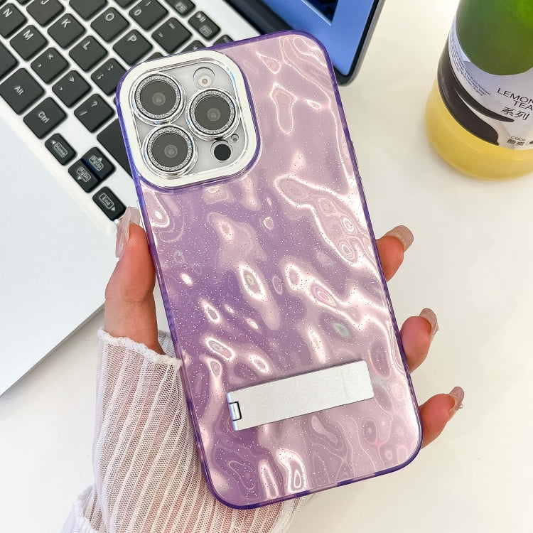 For iPhone 16 Pro Max Plating Glitter Texture Fold Holder TPU Phone Case with Lens Film(Purple Wrinkles) - iPhone 16 Pro Max Cases by buy2fix | Online Shopping UK | buy2fix