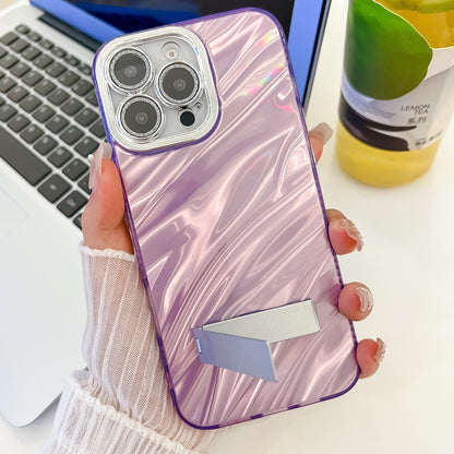 For iPhone 16 Plating Glitter Texture Fold Holder TPU Phone Case with Lens Film(Pink Tinfoil Texture) - iPhone 16 Cases by buy2fix | Online Shopping UK | buy2fix