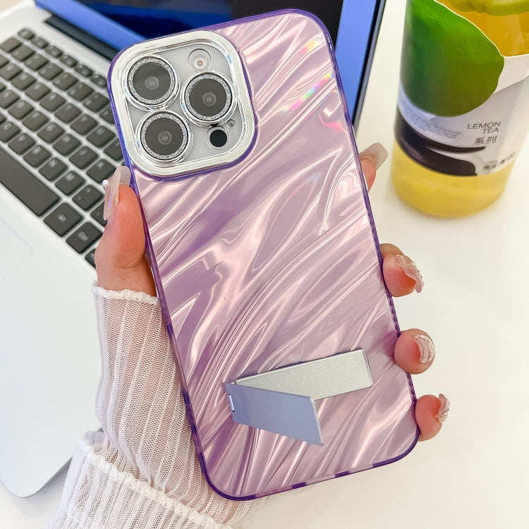 For iPhone 16 Pro Max Plating Glitter Texture Fold Holder TPU Phone Case with Lens Film(White Feathers) - iPhone 16 Pro Max Cases by buy2fix | Online Shopping UK | buy2fix