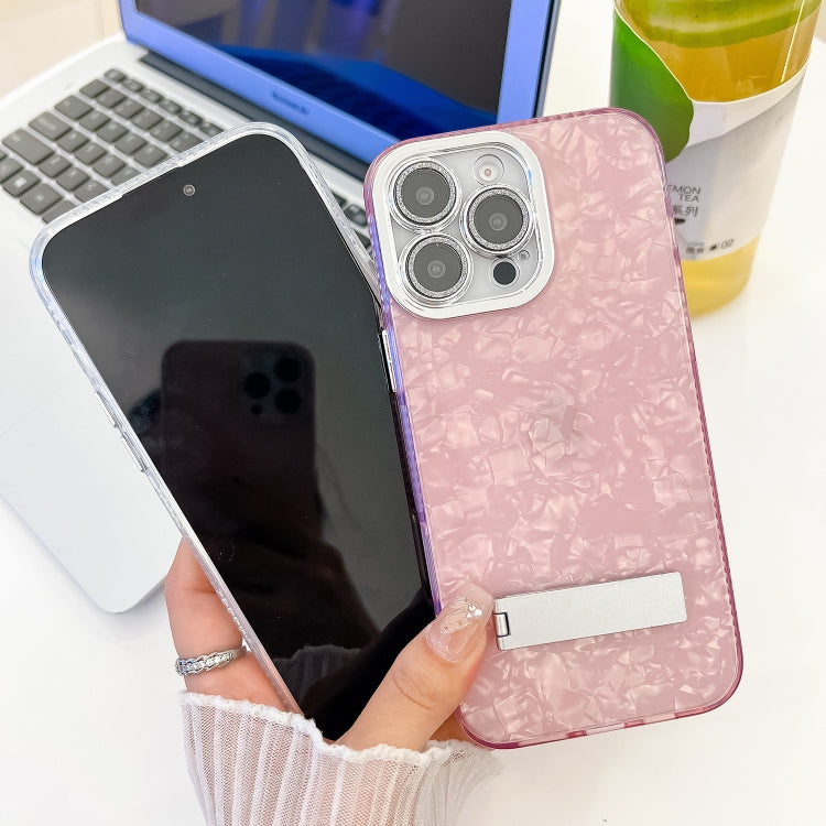 For iPhone 16 Plating Glitter Texture Fold Holder TPU Phone Case with Lens Film(Purple Shell Pattern) - iPhone 16 Cases by buy2fix | Online Shopping UK | buy2fix