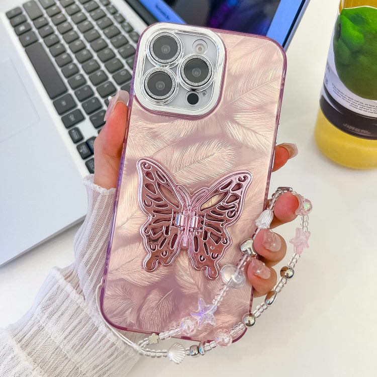 For iPhone 16 Pro Plating Glitter Lens Film Texture Butterfly Holder Wristband Phone Case(Pink Feathers) - iPhone 16 Pro Cases by buy2fix | Online Shopping UK | buy2fix