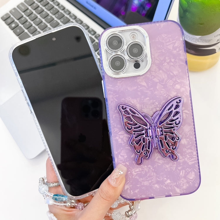 For iPhone 16 Pro Max Plating Glitter Lens Film Texture Butterfly Holder Wristband Phone Case(Purple Tinfoil Texture) - iPhone 16 Pro Max Cases by buy2fix | Online Shopping UK | buy2fix