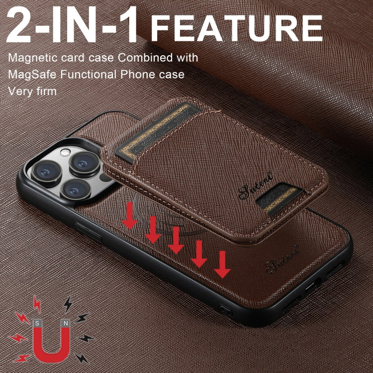 For iPhone 16 Pro Suteni H18 Cross Grain MagSafe Wallet Leather Phone Case(Brown) - iPhone 16 Pro Cases by Suteni | Online Shopping UK | buy2fix