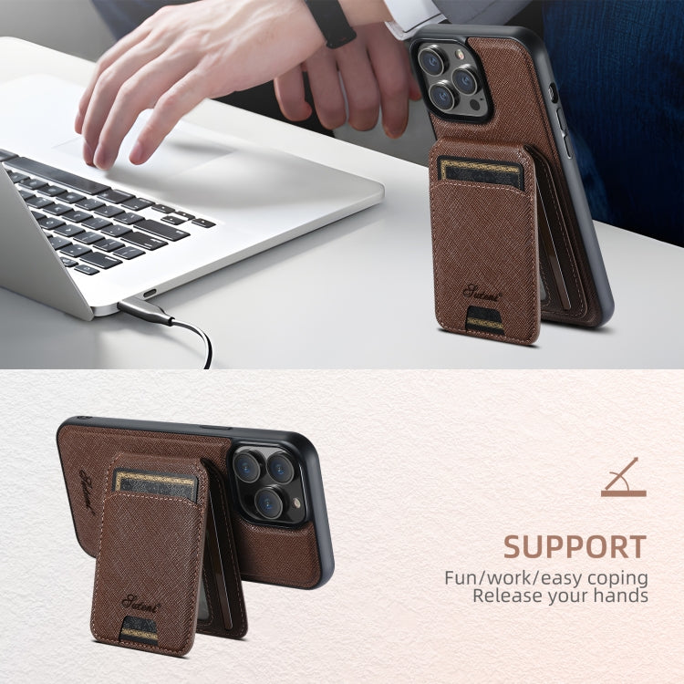 For iPhone 14 Plus Suteni H18 Cross Grain MagSafe Wallet Leather Phone Case(Brown) - iPhone 14 Plus Cases by Suteni | Online Shopping UK | buy2fix