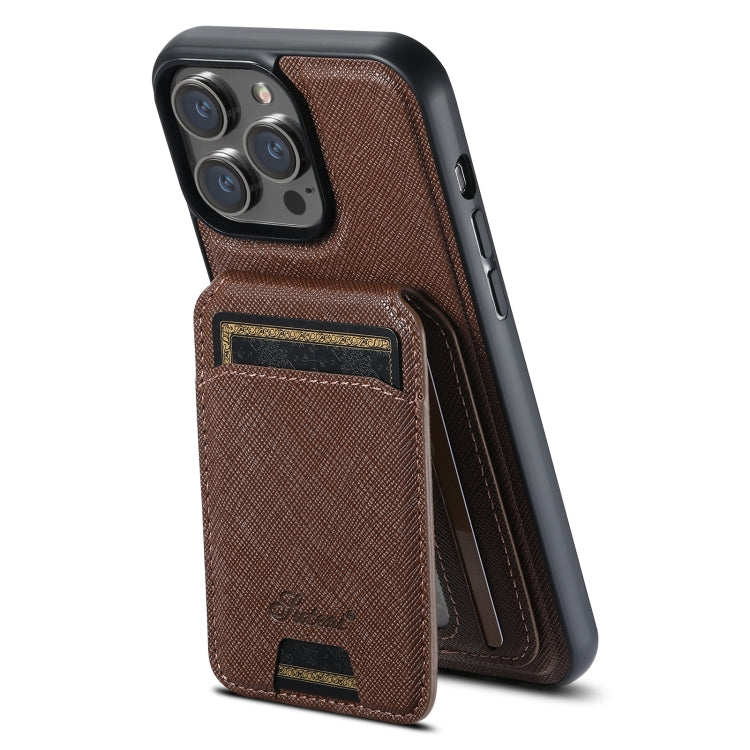 For iPhone 12 Pro Suteni H18 Cross Grain MagSafe Wallet Leather Phone Case(Brown) - iPhone 12 / 12 Pro Cases by Suteni | Online Shopping UK | buy2fix