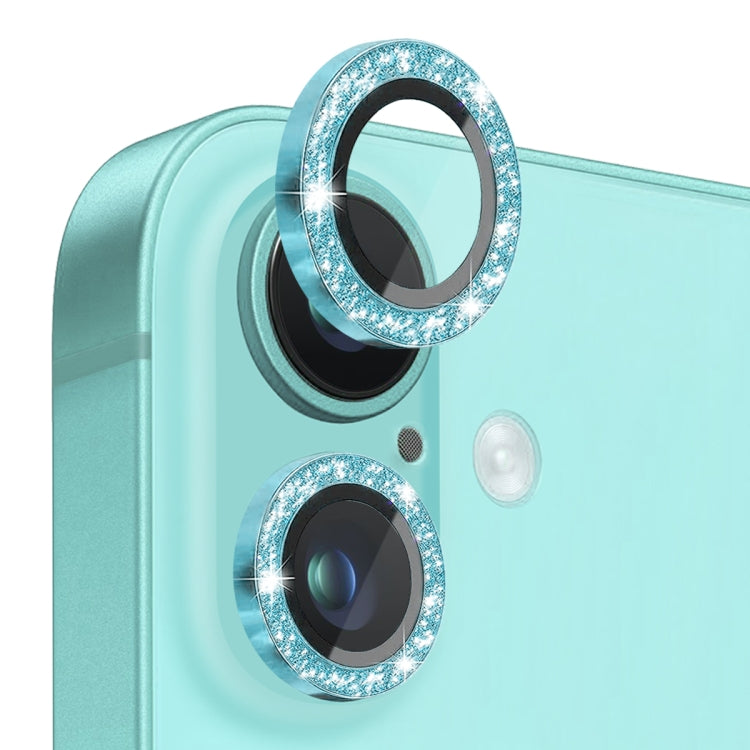 For iPhone 16 / 16 Plus NORTHJO Glitter Camera Lens Protector Tempered Glass Metal Ring Film(Cyan) - iPhone 16 Tempered Glass by NORTHJO | Online Shopping UK | buy2fix