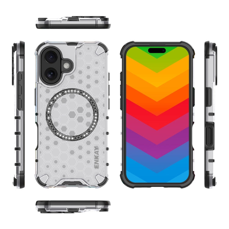 For iPhone 16 ENKAY Hat-Prince Honeycomb MagSafe Shockproof Phone Case with Large Arc Edge Film(Grey) - iPhone 16 Cases by ENKAY | Online Shopping UK | buy2fix