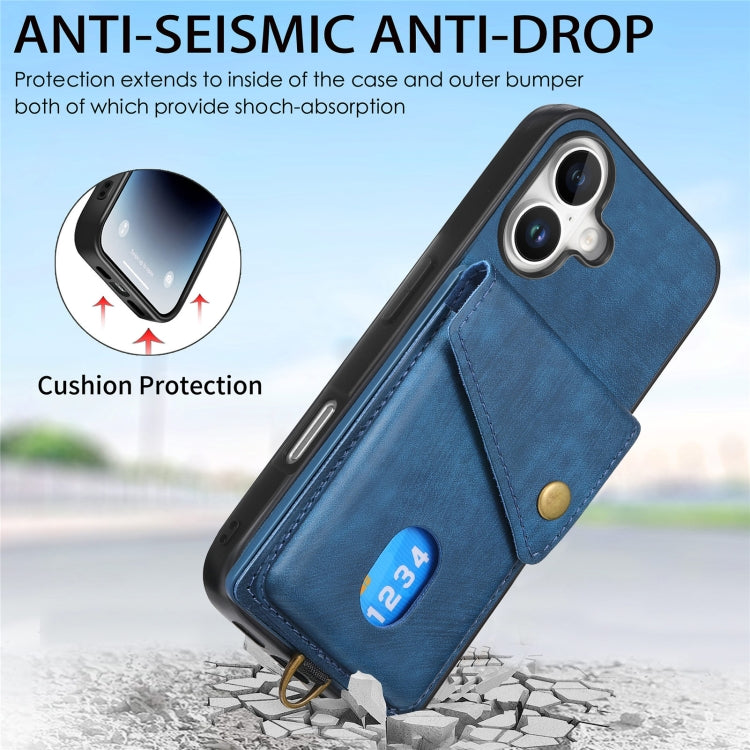 For iPhone 16 Retro Card Wallet Fold Leather Phone Case with Strap(Blue) - iPhone 16 Cases by buy2fix | Online Shopping UK | buy2fix