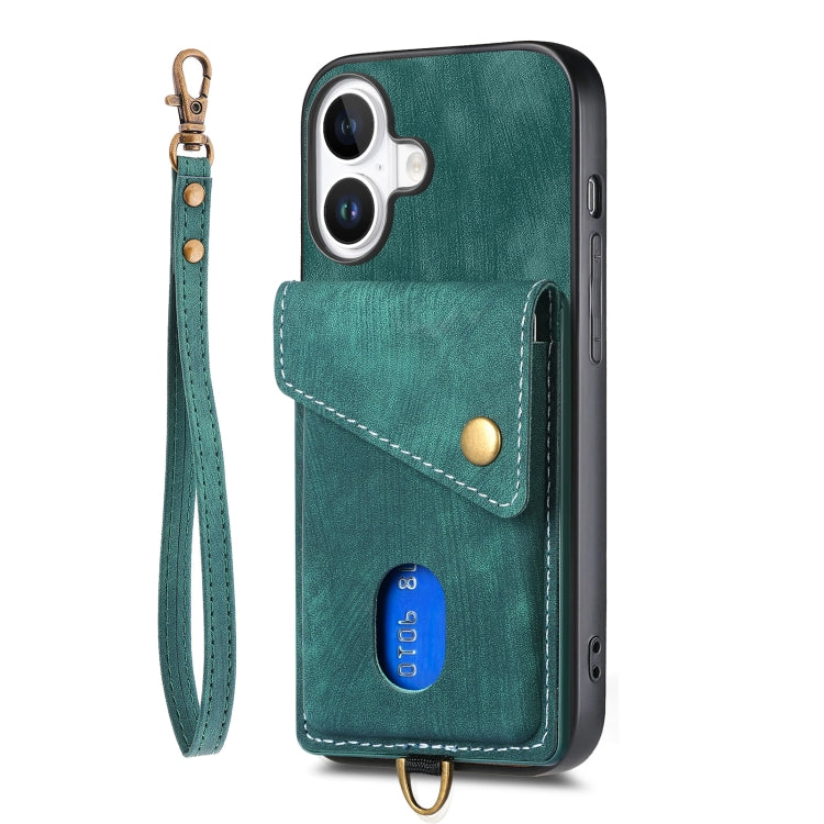 For iPhone 16 Retro Card Wallet Fold Leather Phone Case with Strap(Green) - iPhone 16 Cases by buy2fix | Online Shopping UK | buy2fix