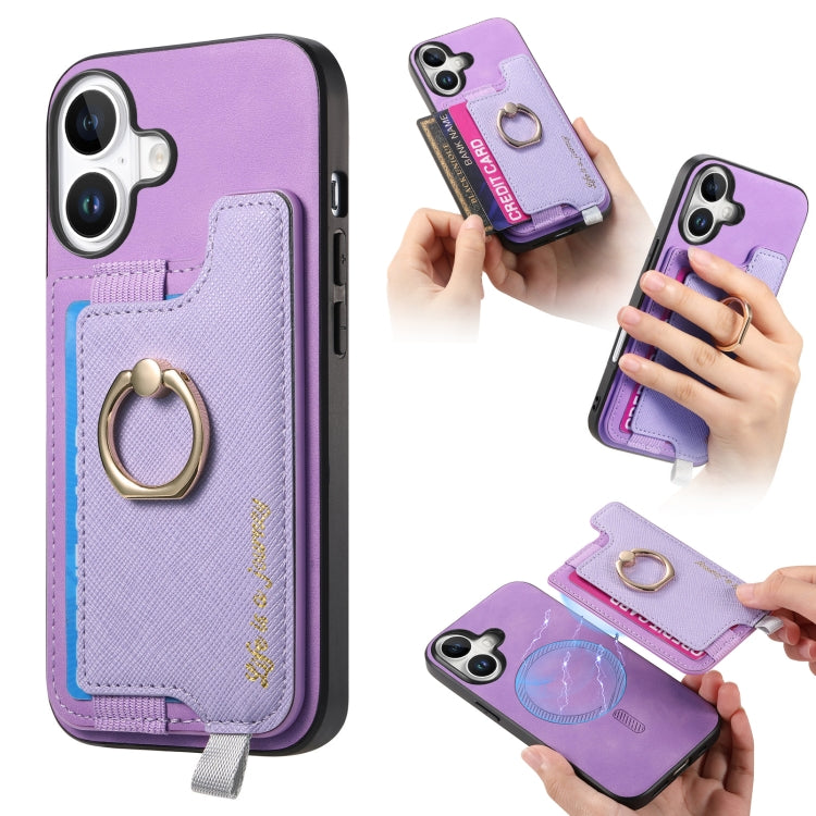 For iPhone 16 Plus Retro Magsafe Cross Leather Ring Holder Card Bag Phone Case(Purple) - iPhone 16 Plus Cases by buy2fix | Online Shopping UK | buy2fix