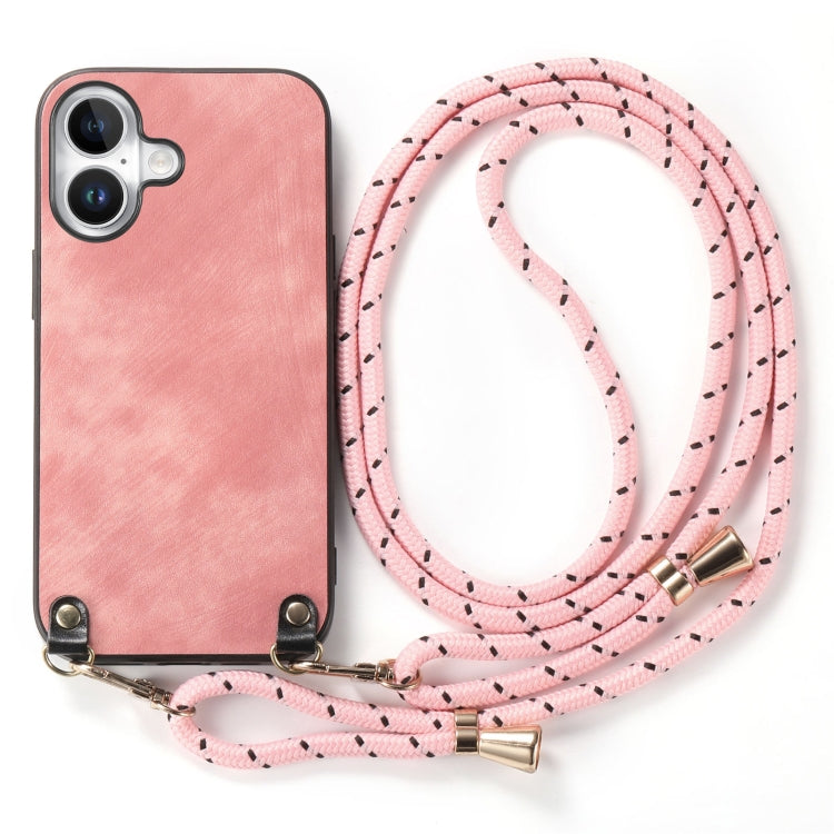 For iPhone 16 Vintage Leather PC Back Cover Phone Case with Crossbody Strap(Pink) - iPhone 16 Cases by buy2fix | Online Shopping UK | buy2fix