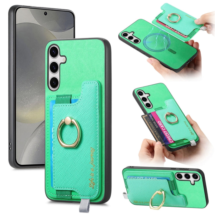 For Samsung Galaxy S25 Ultra 5G Retro Cross Leather Ring Horizontal Insert Card Bag MagSafe Phone Case(Green) - Galaxy S25 Ultra 5G Cases by buy2fix | Online Shopping UK | buy2fix