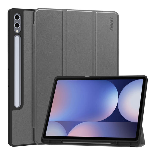 For Samsung Galaxy Tab S10+ / S9+ / S9 FE+ ENKAY Tri-fold Custer Texture TPU Leather Smart Tablet Case with Pen Slot(Grey) - Galaxy Tab S9+ Cases by ENKAY | Online Shopping UK | buy2fix