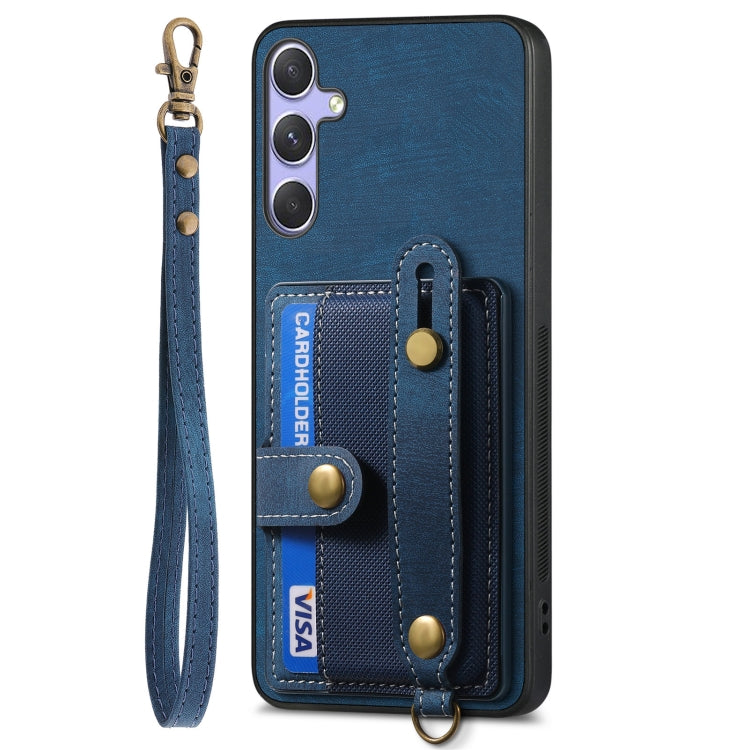 For Samsung Galaxy S25+ 5G Retro Cross Wristband Wallet Leather Back Phone Case(Blue) - Galaxy S25+ 5G Cases by buy2fix | Online Shopping UK | buy2fix