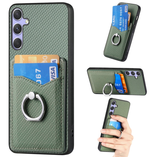 For Samsung Galaxy S25 5G Carbon Fiber Card Wallet Ring Phone Case(Green) - Galaxy S25 5G Cases by buy2fix | Online Shopping UK | buy2fix