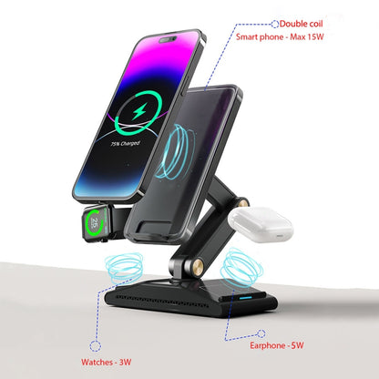 3-In-1 15W Portable Folding Desktop Stand Mobile Phone Wireless Charger(Black) - Wireless Charger by buy2fix | Online Shopping UK | buy2fix