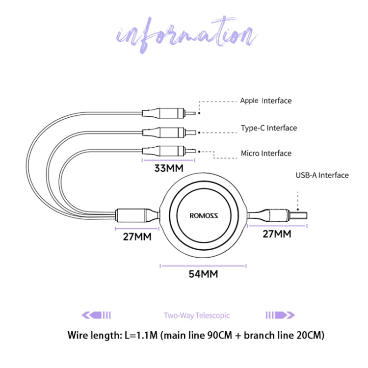 ROMOSS CB258S 3.5A 3-In-1 Telescopic Data Charging Cable USB-A To Type-C & 8 Pin & Micro Wire 1.1m (Purple) - Multifunction Cable by ROMOSS | Online Shopping UK | buy2fix