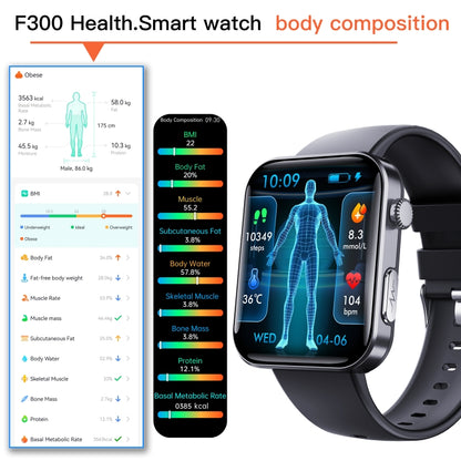 F300  2.1-Inch Screen Smart Watch Supports Bluetooth Calls/ECG/Blood Composition Analysis/50+ Sports Modes, Color: Black 3-Beads Steel - Smart Watches by buy2fix | Online Shopping UK | buy2fix