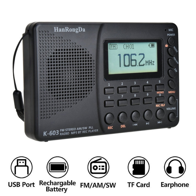 K-603 Portable FM / AM / SW Full Band Stereo Radio, Support BT & TF Card (Black) - Consumer Electronics by buy2fix | Online Shopping UK | buy2fix