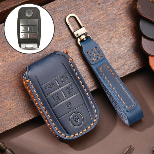 For Kia C134 6-button Hallmo Car Cowhide Leather Key Protective Cover Key Case(Blue) - Car Key Cases by Hallmo | Online Shopping UK | buy2fix