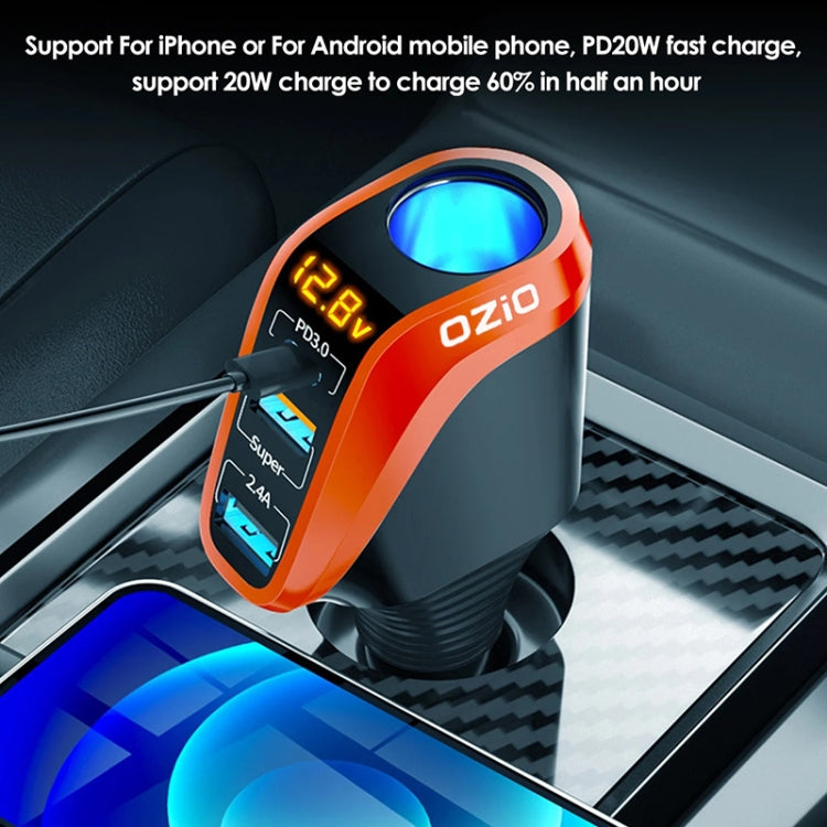 Ozio DY48TC 188W Type-C + USB Dual Port Multi-function Car Charger with Cigarette Lighter (Orange) - Car Charger by ozio | Online Shopping UK | buy2fix