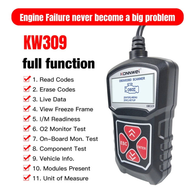 KONNWEI KW309 V309 V310 MS309 Code Reader OBD2 Scanner Diagnostic Tool(Black) - In Car by KONNWEI | Online Shopping UK | buy2fix