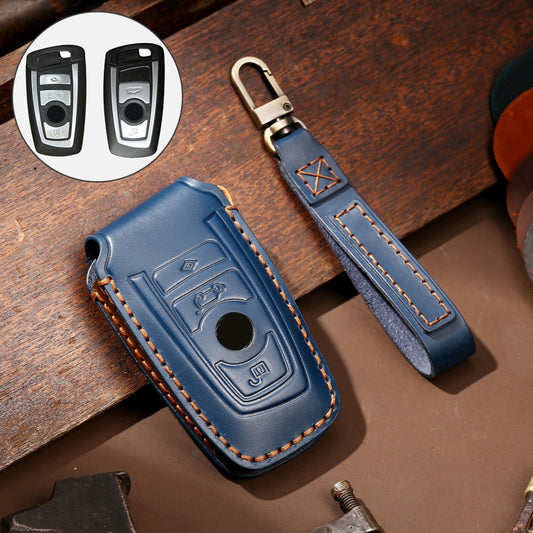 Hallmo Car Cowhide Leather Key Protective Cover Key Case for Old BMW(Blue) - Car Key Cases by Hallmo | Online Shopping UK | buy2fix