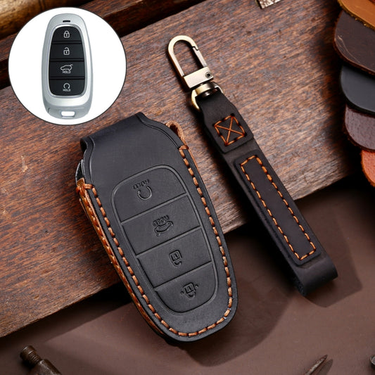 Hallmo Car Cowhide Leather Key Protective Cover Key Case for Hyundai 4-button Start(Black) - In Car by Hallmo | Online Shopping UK | buy2fix