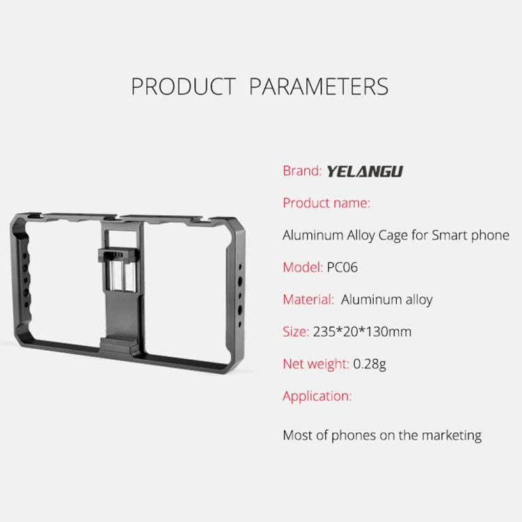 YELANGU  PC06 YLG0909A Vlogging Live Broadcast Smartphone Metal Cage Video Rig Filmmaking Recording Handle Stabilizer Bracket for iPhone, Galaxy, Huawei, Xiaomi, HTC, LG, Google, and Other Smartphones(Black) - Consumer Electronics by YELANGU | Online Shopping UK | buy2fix