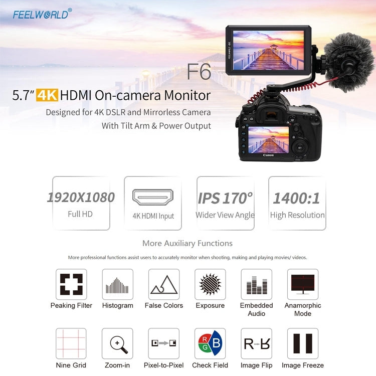 FEELWORLD F6 1920x1080 5.5 inch IPS Screen HDMI 4K Camera Field Monitor - Camera Accessories by FEELWORLD | Online Shopping UK | buy2fix