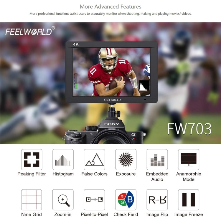 FEELWORLD FW703 1920x1200 7 inch IPS Screen HDMI 4K SDI Broadcast Camera Field Monitor - Camera Accessories by FEELWORLD | Online Shopping UK | buy2fix