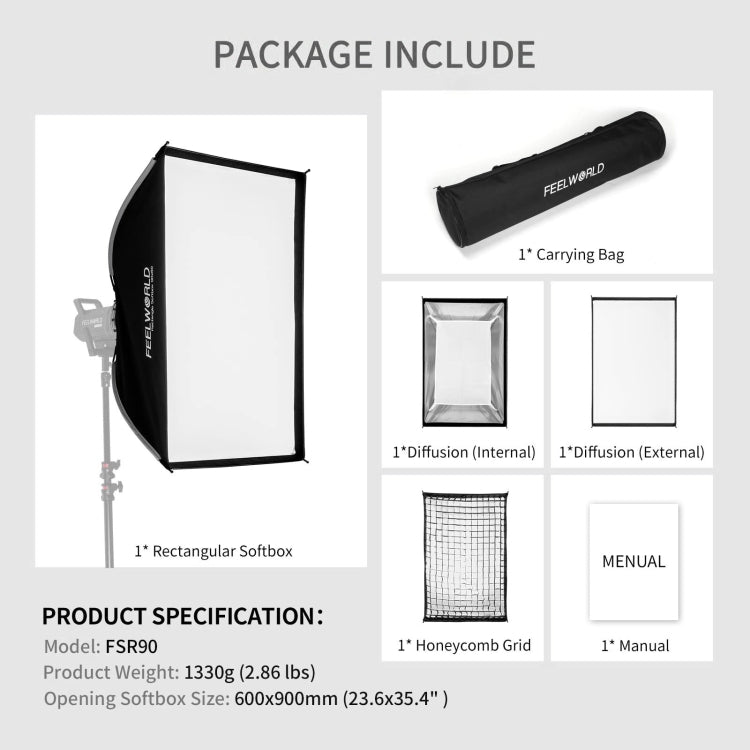 FEELWORLD FSR90 60x90cm Rectangular Softbox Quick Release Bowens Mount Diffuser -  by FEELWORLD | Online Shopping UK | buy2fix