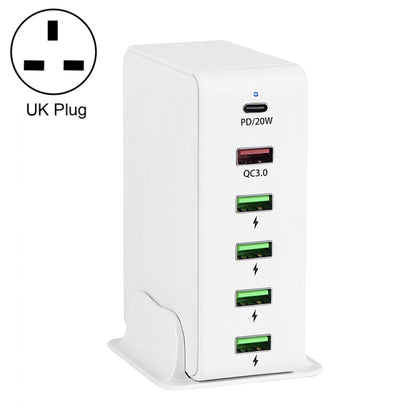 6 in 1 65W PD USB-C / Type-C + QC 3.0 USB + 4 USB Multi-port Travel Charger, UK Plug(White) - Mobile Accessories by buy2fix | Online Shopping UK | buy2fix