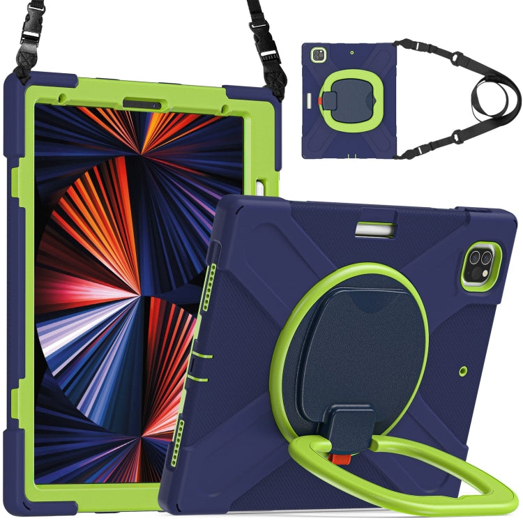 For iPad Pro 12.9 2022 / 2021 Silicone + PC Protective Tablet Case with Holder & Shoulder Strap(Navy Blue + Lime) - iPad Pro 12.9 (2022/2021) Cases by buy2fix | Online Shopping UK | buy2fix