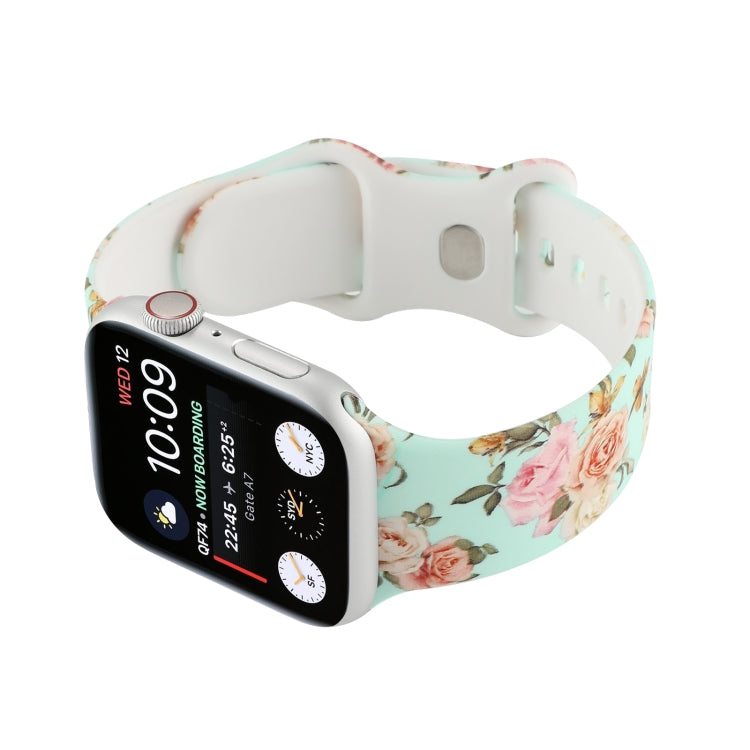 8-buckle Printed Strap Watch Band For Apple Watch Series 8&7 41mm / SE 2&6&SE&5&4 40mm / 3&2&1 38mm(Green Background Rose) - Smart Wear by buy2fix | Online Shopping UK | buy2fix