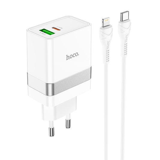 hoco N21 PD 30W Type-C / USB-C + QC 3.0 USB Mini Fast Charger with Type-C / USB-C to 8 Pin Data Cable , EU Plug(White) - Apple Accessories by hoco | Online Shopping UK | buy2fix