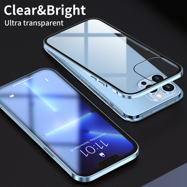 For iPhone 13 HD Magnetic Metal Frame Double-sided Tempered Glass Phone Case(Sierra Blue) - Apple Accessories by buy2fix | Online Shopping UK | buy2fix