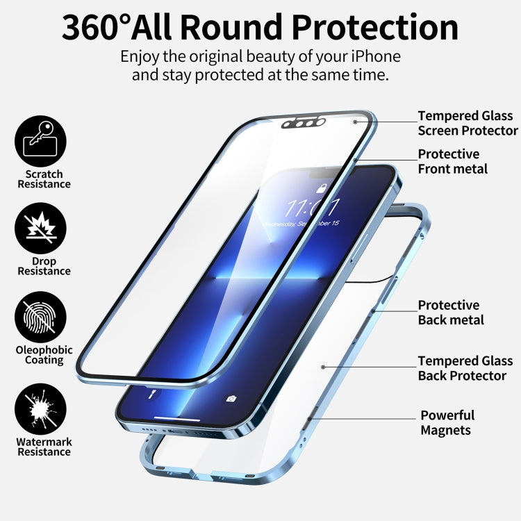 For iPhone 13 HD Magnetic Metal Frame Double-sided Tempered Glass Phone Case(Sierra Blue) - Apple Accessories by buy2fix | Online Shopping UK | buy2fix