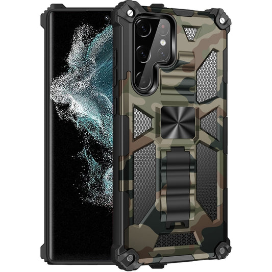 For Samsung Galaxy S22 Ultra 5G Camouflage Armor Shockproof TPU + PC Magnetic Protective Phone Case with Holder(Army Green) - Samsung Accessories by buy2fix | Online Shopping UK | buy2fix