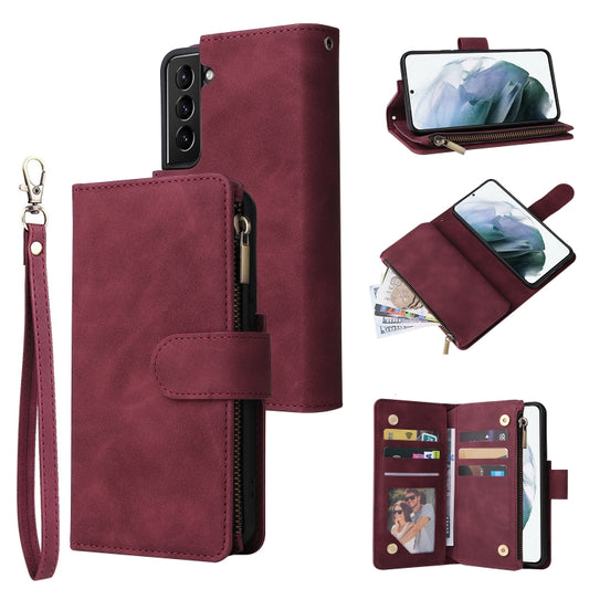 For Samsung Galaxy S22 5G Multifunctional Phone Leather Case with Card Slot & Holder & Zipper Wallet & Photo Frame(Wine Red) - Samsung Accessories by buy2fix | Online Shopping UK | buy2fix