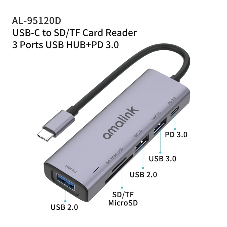 amalink 95120D Type-C / USB-C to SD/TF + 3 Ports USB + PD 3.0 Multi-function HUB (Grey) - Computer & Networking by amalink | Online Shopping UK | buy2fix