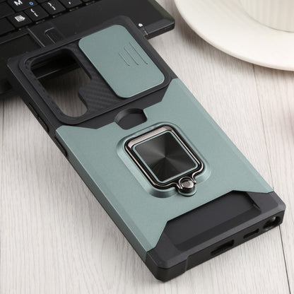 For Samsung Galaxy S22 Ultra 5G Sliding Camera Cover Design PC + TPU Shockproof Phone Case with Ring Holder & Card Slot(Dark Green) - Samsung Accessories by buy2fix | Online Shopping UK | buy2fix