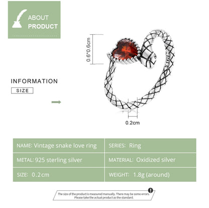 S925 Sterling Silver Retro Snake Heart Zircon Women Open Ring, Size:7 - Rings by buy2fix | Online Shopping UK | buy2fix