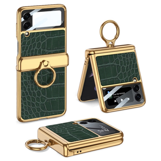 For Samsung Galaxy Z Flip3 5G GKK Integrated Plating + Leather Flip Phone Case(Crocodile Green) - Galaxy Phone Cases by GKK | Online Shopping UK | buy2fix