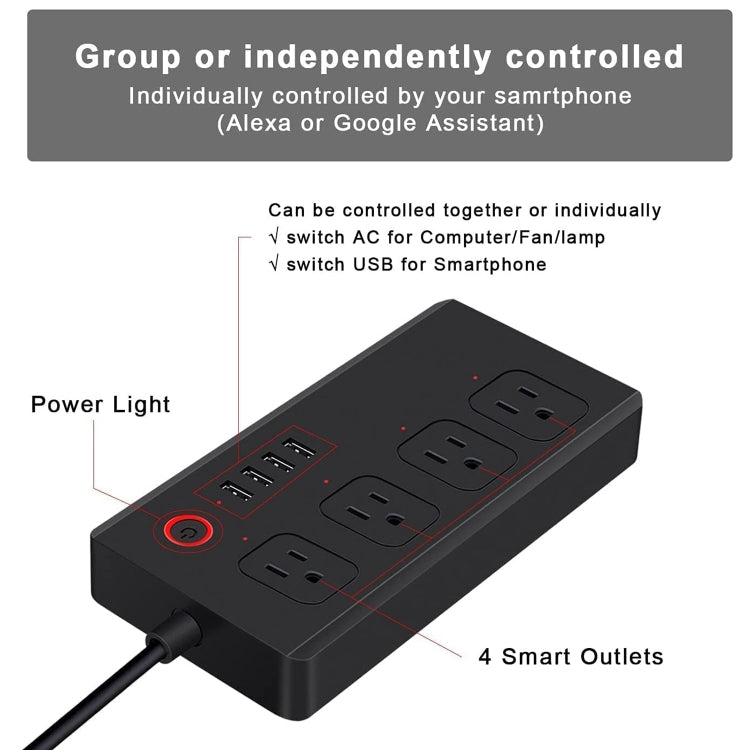 ZigBee 10A SM-SO301-U 2500W 4 Holes + 4 USB Smart Power Strip, US Plug(Black) - Consumer Electronics by buy2fix | Online Shopping UK | buy2fix