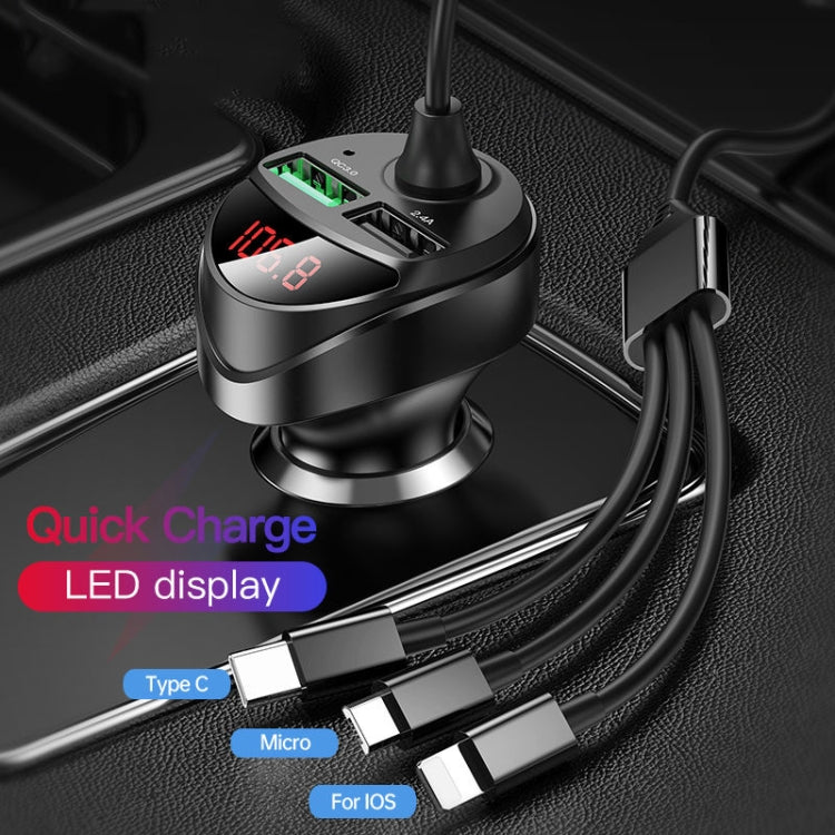 C68 LED Digital Display QC3.0 Fast Car Charger 3 in 1 with Spring Cable(Black) - In Car by buy2fix | Online Shopping UK | buy2fix