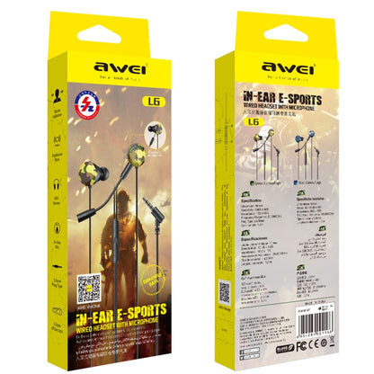 awei L6 1.2m In-ear E-sports Wired Headset With Microphone(Yellow) - In Ear Wired Earphone by awei | Online Shopping UK | buy2fix