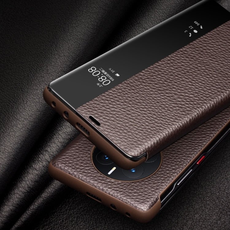 For Huawei Mate 50 QIALINO Genuine Leather Side Window View Smart Phone Case(Brown) - Huawei Cases by QIALINO | Online Shopping UK | buy2fix